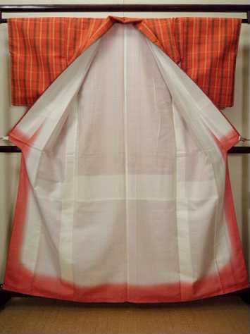 G0209E 大島紬 女性用着物 シルク（正絹） 深い オレンジ, チェック柄 